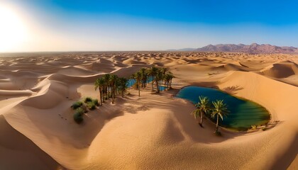Oasis in Desert Landscape Aerial View of Palm Trees and Sand Dunes
