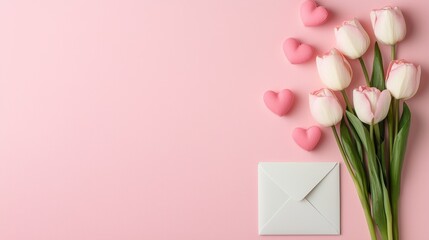 Obraz premium 3d render A bouquet of tulips beside a letter and pink heart-shaped candies on a soft pink background, creating a romantic and cheerful atmosphere.