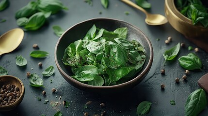 Obraz premium Peppercorns and fresh basil scattered around golden utensils for an aromatic setup