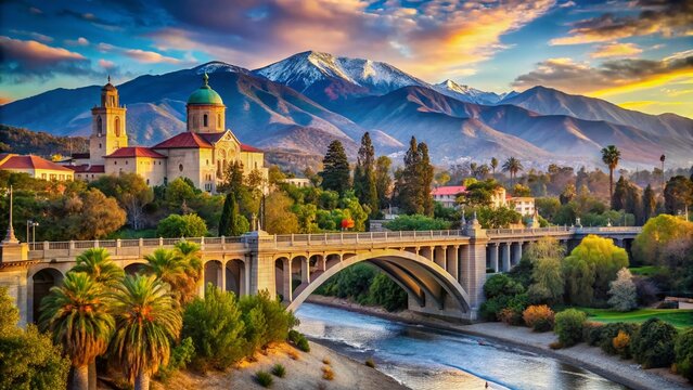 Pasadena Panoramic: Arroyo Seco, Colorado Street Bridge, San Gabriel Mountains