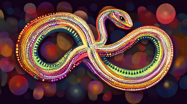 Indigenous Australian Aboriginal Rainbow Serpent Symbol Illustration with Vibrant Dot Patterns
