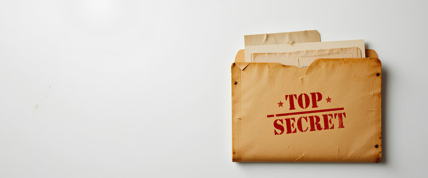 Vintage top secret file folder with bold red stamp, aged papers, and retro espionage aesthetic