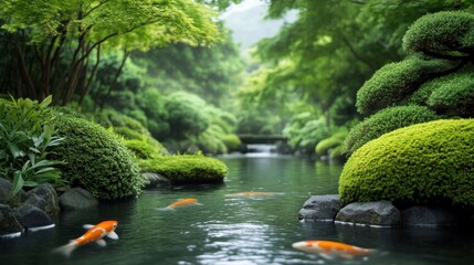 Tranquil Japanese Garden with Koi Fish Swimming in Serene Pond
