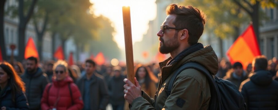 Silent protester holds wooden stick, emphasizing peaceful resistance , protest, civic disobedience, peaceful demonstration