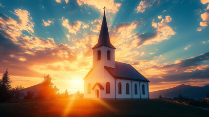 Fototapeta premium Majestic Church at Sunset with Radiant Skylines and Spiritual Atmosphere