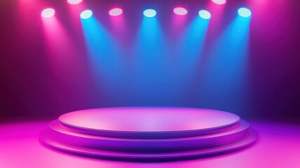 Spotlights illuminating a round podium on a marble stage with decorative plants, ideal for product presentations