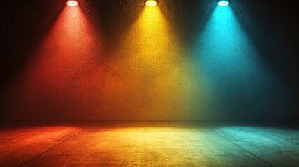 Obraz premium Colorful spotlights illuminating an empty stage, creating a vibrant and dramatic atmosphere for a show or performance background