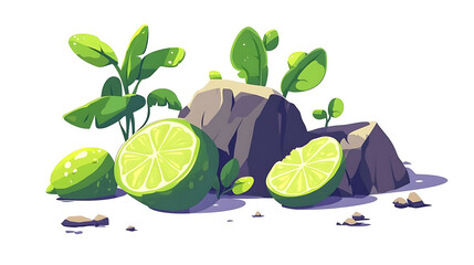 A vibrant illustration of limes and rocks with surrounding greenery.
