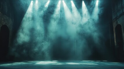 Smoke filling an empty stage illuminated blue lights, creating a dramatic and atmospheric setting background