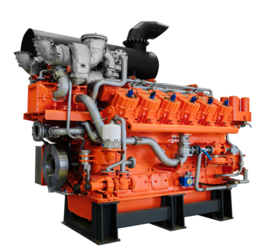 engine on white is a massive, powerful machine with a striking orange and black color scheme. black hood of the engine is a dominant feature, drawing attention to its impressive size and strength