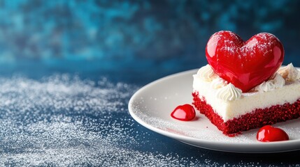Heart-Shaped Dessert on Plate with Red Velvet Cake and Toppings