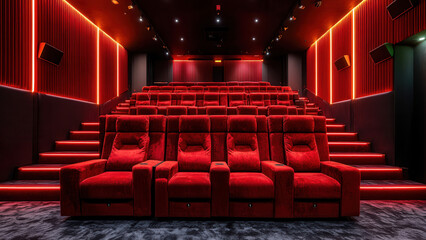 Plush red seats in dark interior of modern home cinema movie theatre room
