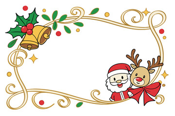 Christmas frame, golden ornate border, jingle bells, holly leaves, Santa Claus cartoon, reindeer cartoon, party horns, confetti, red bow, festive decorations, white background, cheerful holiday charac