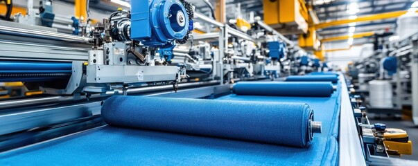 A modern textile manufacturing facility with blue fabric rolls on a conveyor belt, showcasing advanced machinery and an organized industrial environment.