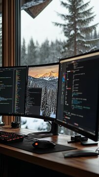 Coding in a cozy mountain cabin with snow-covered trees in the background