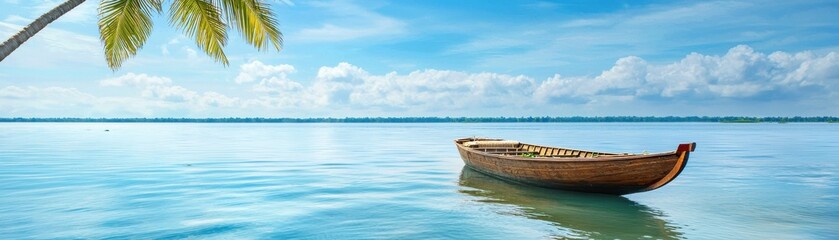 Naklejka premium A serene seascape featuring a wooden boat gently floating on calm waters, with a palm tree and clear blue skies in the background.