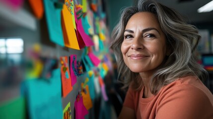 A cheerful woman smiles while sitting in her creative workspace filled with colorful sticky notes, embodying positivity and inspiration in an engaging and lively environment.