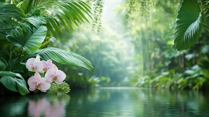 Serene Tropical Oasis with Blossoming Orchids Near Calm Water