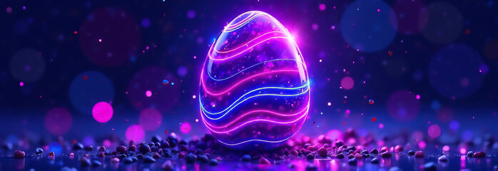 Futuristic fairy tale egg in neon colors on a bright neon background, a series of cosmic eggs. Easter eggs painted in different colors, for the bright Easter church holiday.