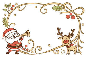 Christmas frame, golden ornate border, jingle bells, holly leaves, Santa Claus cartoon, reindeer cartoon, party horns, confetti, red bow, festive decorations, white background, cheerful holiday charac