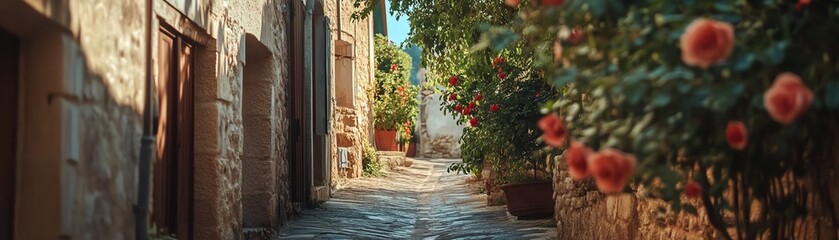 Picturesque alley with flowers and stone walls in a quaint village setting.