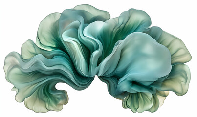 Abstract teal and green flowing fabric, resembling a stylized flower or cloud, isolated on white background. Ideal for design, art, and decoration.