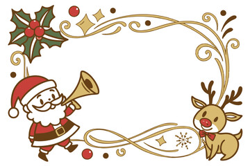 Christmas frame, golden ornate border, jingle bells, holly leaves, Santa Claus cartoon, reindeer cartoon, party horns, confetti, red bow, festive decorations, white background, cheerful holiday charac