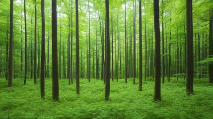 Obraz premium Lush Green Forest Springtime Trees Vibrant Nature Tranquil Woodland Scene