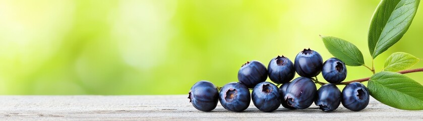 Obraz premium Fresh blueberries with green leaves against a soft, blurred background, showcasing their vibrant color and natural beauty.