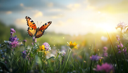 Butterfly rests on wildflowers in a sunlit meadow