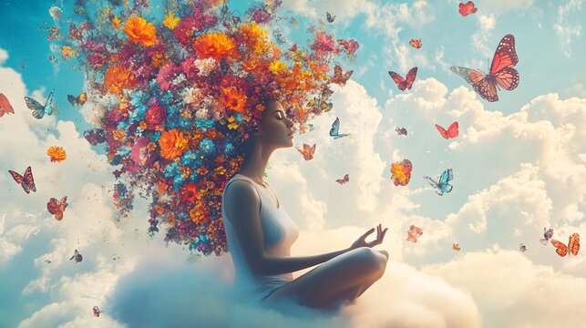 Arte Surreal de Mulher Meditando em Nuvens com Explos&atilde;o de Flores e Borboletas, Transmitindo Serenidade, Criatividade, Harmonia e Conex&atilde;o com a Natureza em um Universo Imaginativo