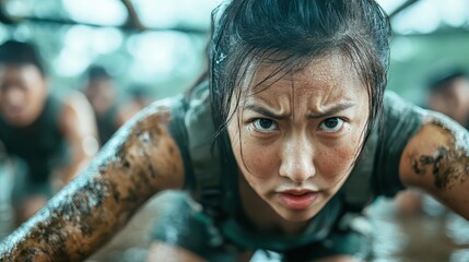 A close-up of a female athlete exhibiting fierce determination while traversing muddy obstacles, showcasing the power of human spirit and physical endurance.