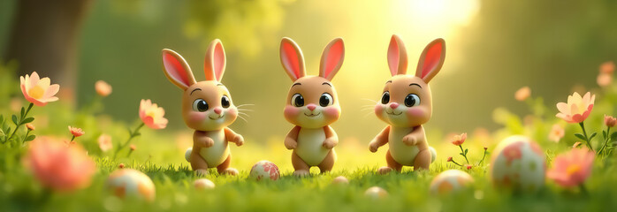 Naklejka premium A cute little rabbit next to an Easter egg with a place for a banner text, a postcard, a series of bunnies in a clearing. Easter eggs painted in different colors, for the bright Easter church holiday.