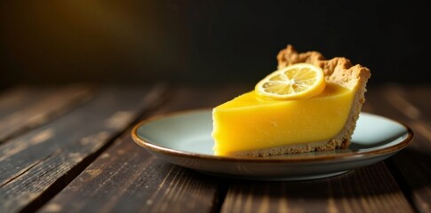 Slice of lemon pie sitting alone on a rustic wooden table, illuminated by soft light, table, simple, pie