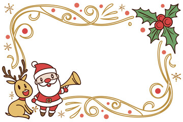 Christmas frame, golden ornate border, jingle bells, holly leaves, Santa Claus cartoon, reindeer cartoon, party horns, confetti, red bow, festive decorations, white background, cheerful holiday charac