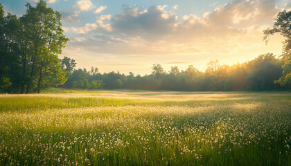 Obraz premium Golden Sunrise Illuminates Wildflower Meadow And Trees