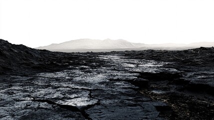 Barren Volcanic Landscape with Cracked Black Lava Rocks and Distant Mountains Under a Stark White Sky, Depicting a Harsh, Desolate, and Dramatic Environment of Natural Beauty and Power