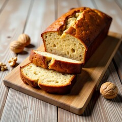 Sliced banana bread on a wooden table with a few walnuts scattered around it , brown, wood, table