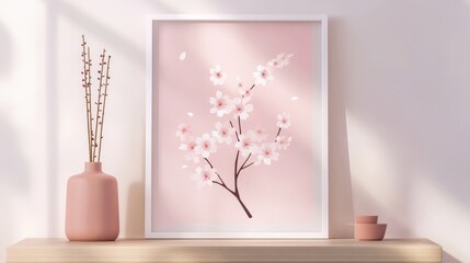 Delicate Japanese Cherry Blossom Symbol Illustration with Minimalistic Pink Branches