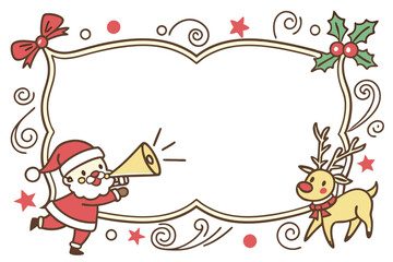 Christmas frame, golden ornate border, jingle bells, holly leaves, Santa Claus cartoon, reindeer cartoon, party horns, confetti, red bow, festive decorations, white background, cheerful holiday charac