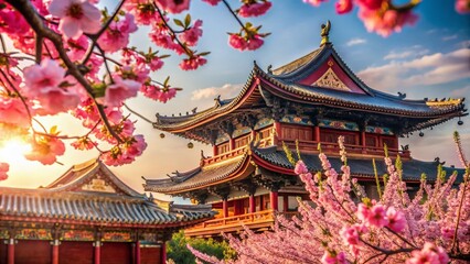 Obraz premium Peach Blossom in May: Delicate Pink Petals on Ancient Chinese Architecture