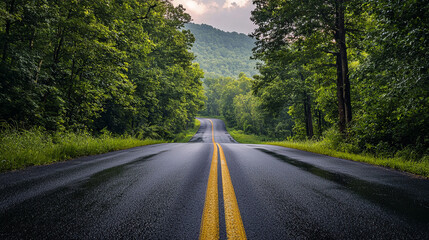 Fototapeta premium Empty winding road surrounded by lush green forest trees and nature