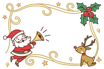 Christmas frame, golden ornate border, jingle bells, holly leaves, Santa Claus cartoon, reindeer cartoon, party horns, confetti, red bow, festive decorations, white background, cheerful holiday charac