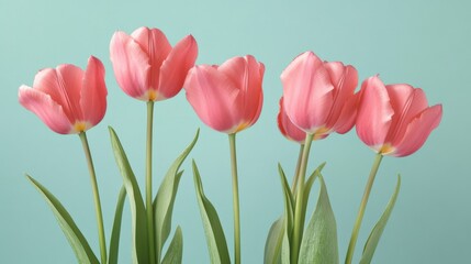 Fototapeta premium Pink tulips standing tall against a turquoise backdrop, celebrating the arrival of spring and the spirit of valentine's day and women's day with their vibrant beauty