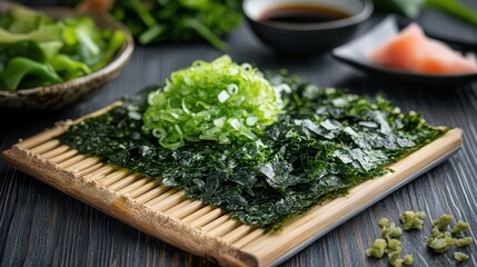 Natural seaweed and sushi ingredients neatly presented for Japanese cuisine branding