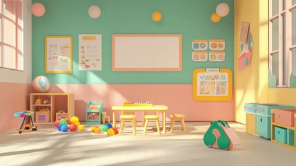 Bright and Cheerful Preschool Classroom with Colorful Decor and Toys