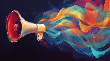 Colorful Artistic Megaphone Emitting Vibrant Swirls of Abstract Paint Strokes, Creative Expression of Communication, Energy, and Innovation in a Bold and Dynamic Artistic Concept