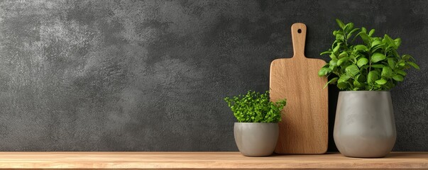 Plant-Based Cuisine with Seasonal Herbs for Vegan Living concept. Kitchen countertop with herbs in pots and a wooden board.