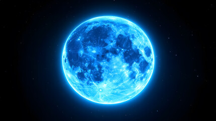 A glowing blue supermoon against a black backdrop.