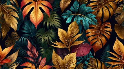 Vintage luxury seamless floral background with tropic exotic golden leaves. Romantic pattern template for wall decor, wallpaper, wedding invitations, ceremonies, cards.
